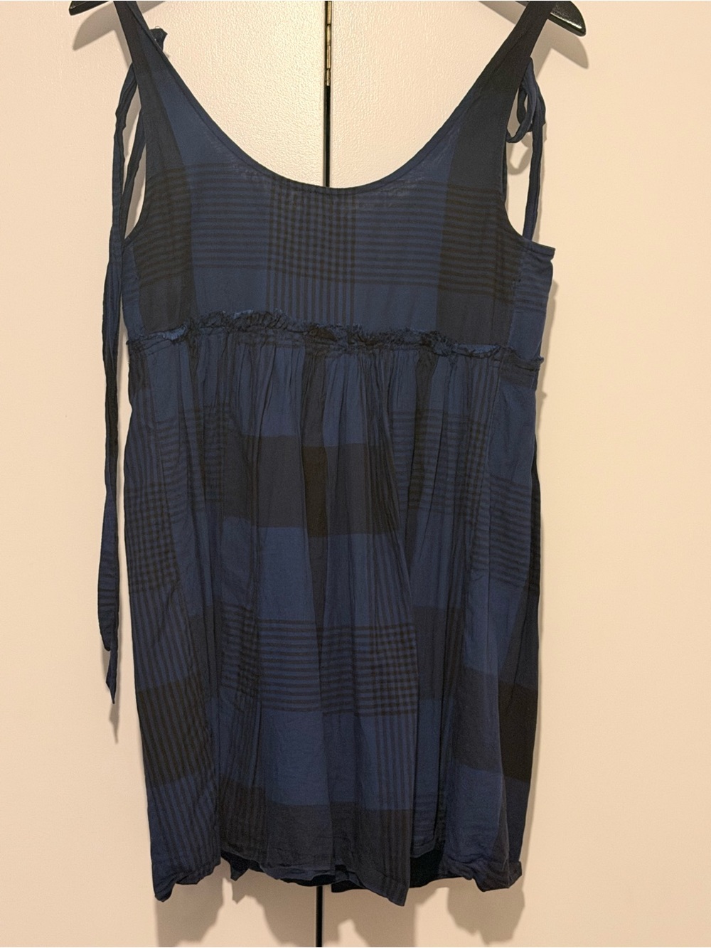 Free People Navy and Black Plaid Tie-Shoulder Mini Dress